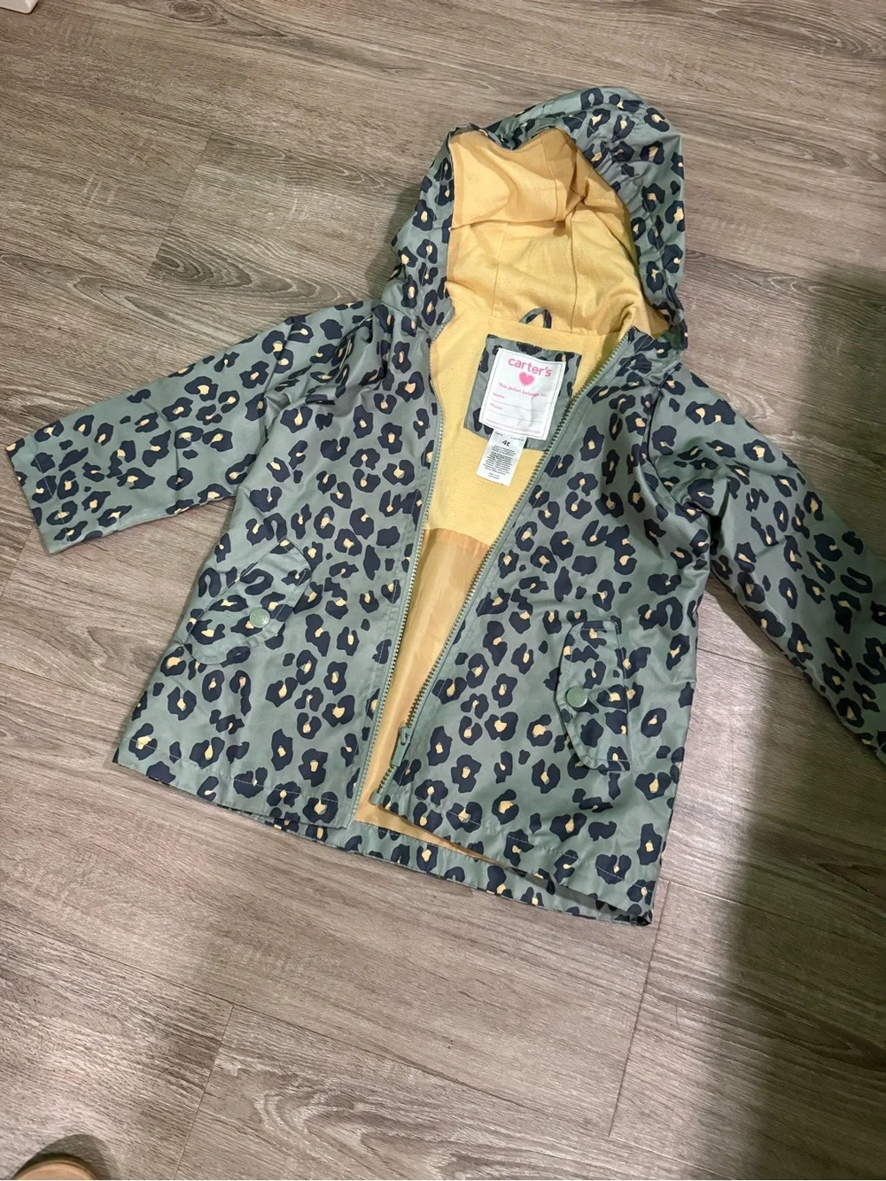 Carter's Green Leopard Print Hooded Raincoat with Yellow Lining